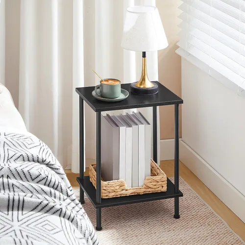 Vista 9 de HOOBRO Mesa auxiliar, mesa auxiliar pequeña, mesita de noche con estantes de almacenamiento de 2 capas, mesa de sofá para espacios pequeños, sala