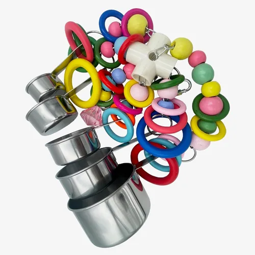 Vista 5 de Macetas metálicas y cuerdas de anillo multicolor, 5 tazas de acero inoxidable y anillos de madera para loro grande y extra grande, amazonas