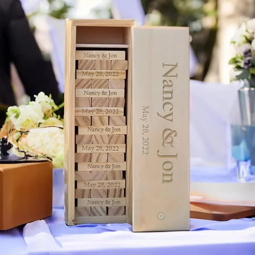 Vista 6 de WE Games Alternativa de libro de invitados de boda personalizado, caja de recuerdos de madera, 54 bloques, grabado personalizado
