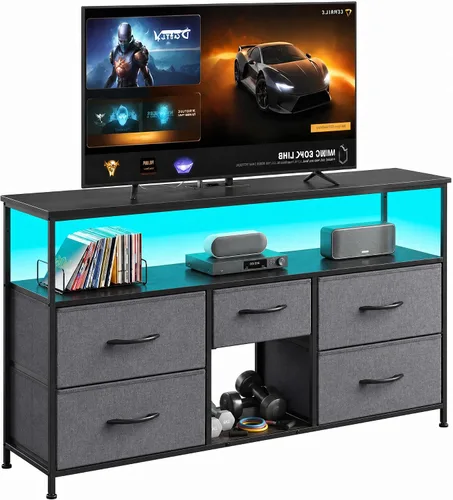 Vista 10 de EnHomee - Soporte de TV para dormitorio con LED y tomas, almacenamiento de 5 cajones, color negro