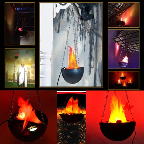 Vista 7 de Luz LED de fuego falso 3D, lámpara colgante de efecto de llama de seda para Halloween, Navidad, festivales, fiestas, clubes nocturnos