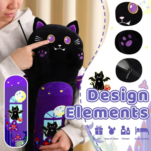Vista 4 de AIXINI Almohada larga de felpa de gato negro de dibujos animados, suave juguete de peluche de gatito Kawaii para niños (gato gótico, 35.4 pulgadas)
