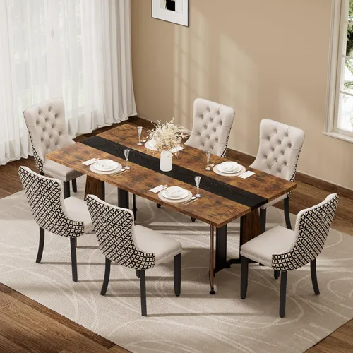 Vista 37 de Juego de mesa de comedor de 5 piezas con 4 sillas, mesa de comedor rectangular de madera de 71 pulgadas con sillas de comedor de terciopelo, tablero