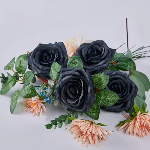 Vista 3 de Rosas artificiales, rosas artificiales, rosas artificiales de seda con tallos para ramos de boda, mesas de fiesta, centros de mesa, arreglos Negro