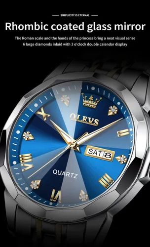 Vista 4 de OLEVS Reloj para hombre con diamantes de imitación, analógico, de cuarzo, acero inoxidable, impermeable, luminoso, fecha, dos tonos, de lujo