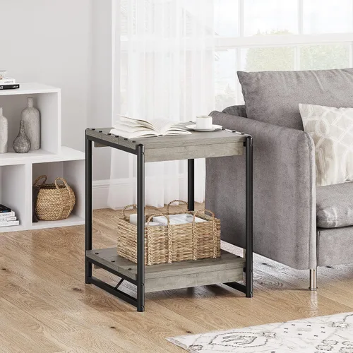 Vista 5 de Mesa auxiliar de almacenamiento de madera, cuadrada grande de 20 pulgadas con estante de 2 niveles, marco de metal moderno para cama, sofá, mesa