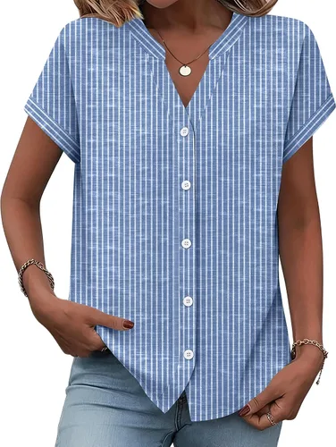 Vista 26 de Zeagoo Camisas con botones para mujer, camisetas de manga corta, cuello en V, blusas casuales de negocios
