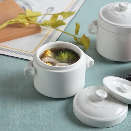 Vista 9 de Hemoton Olla de cerámica para estofado de 3.74 x 3.74 x 4.13 pulgadas, pequeña olla blanca con tapa para huevos al vapor, natillas de pájaros, nido