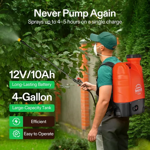 Vista 2 de VIVOSUN Pulverizador de mochila con batería de 4 galones, pulverizador de bomba eléctrica con cuatro boquillas para césped de jardín, naranja