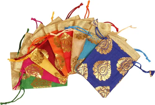 Vista 3 de Touchstone Bolsas de cordón tradicionales indias hechas a mano en tejido brocado con patrón de hojas de ficus. Perfecto para regalos, joyas, bodas
