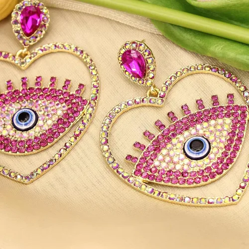 Vista 4 de Enrwin Aretes colgantes de cristal austriaco con forma de corazón y ojos abstractos para mujeres y niñas