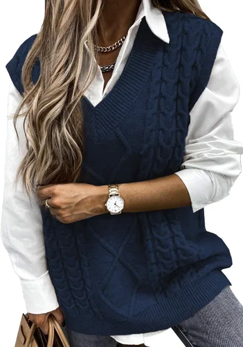 Vista 20 de EVALESS Chaleco Suéter de Gran Tamaño para Mujeres Cuello en V Sin Mangas Color Sólido Suéter Pullover Suelto 1 caqui.