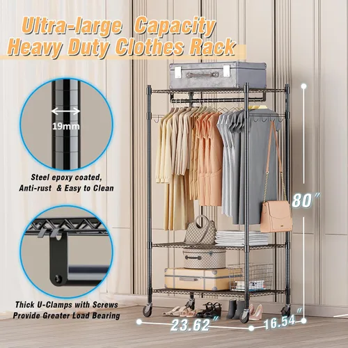 Vista 3 de Homdox Estante para ropa resistente con 3 estantes ajustables de alambre, estantes para ropa para colgar, estante de ropa de doble barra, armario