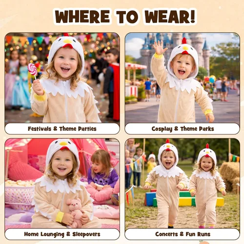 Vista 7 de Disfraz de pollo beige para niñas y niños, overol de animal con capucha 3D para fiesta de Halloween
