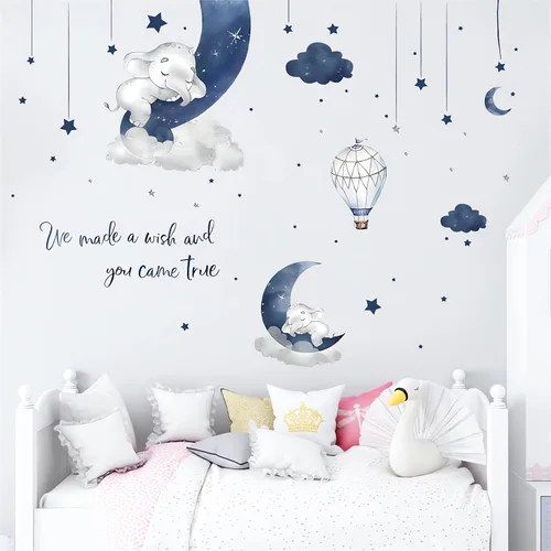 Vista 6 de Adhesivo de pared con elefante bebé durmiendo en azul grisáceo, sacinora - Adhesivo de pared con luna, estrella, nube y frase en inglés cálido