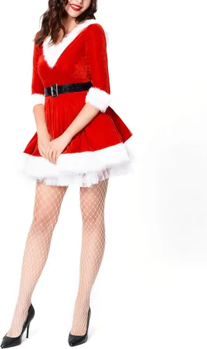 Vista 4 de FEOYA Disfraz de Papá Noel para mujer para celebraciones festivas con sombrero de capa