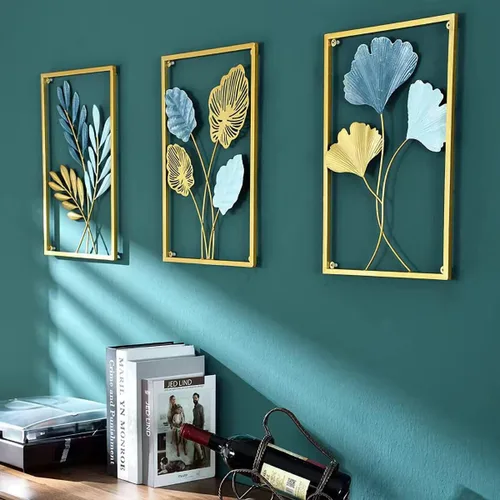 Vista 5 de MKUN Esculturas de pared de hierro – Juego grande de 3 piezas rectangulares de metal para decoración de pared con arte de ginkgo biloba, ideal