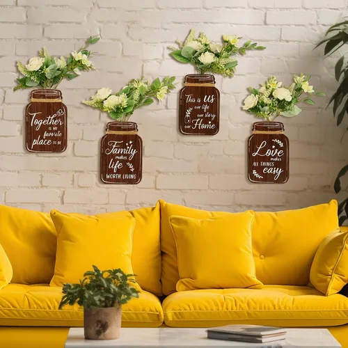 Vista 2 de Bnesi 4 letreros de pared para el hogar, familia, amor, hogar, decoración de pared para sala de estar, dormitorio, tarro de masón, placa de madera