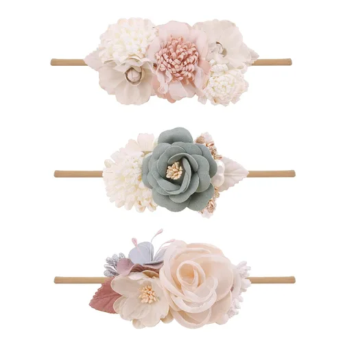 Vista 17 de cherrboll 3 diademas de flores para bebé, súper suaves y elásticas, de nailon, para recién nacidas