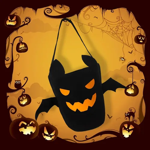 Vista 5 de Cubo de Halloween para truco o trato para niños, cesta espeluznante de murciélagos y caramelos, multiusos, portátil, reutilizable, cubo de golosinas