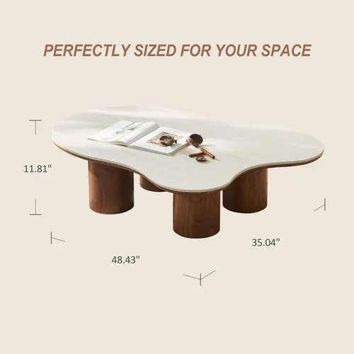 Vista 2 de Mesa de centro de nube de 48.4 pulgadas, parte superior de piedra sinterizada de travertino beige con patas de madera marrón, mesa central