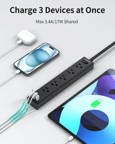 Vista 6 de HOPOW Regleta de alimentación de enchufe plano, cable de extensión ultrafino de 3 pies, protector de sobretensiones con 5 salidas y 3 puertos USB