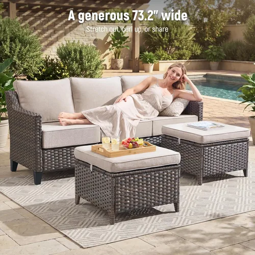 Vista 5 de Belord Sofá de patio exterior acolchado de 3 asientos de lujo de 6 pulgadas Cojín de mimbre marrón/beige de 6 pulgadas