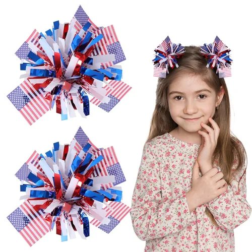Vista 13 de Pinzas patrióticas para el 4 de julio para niñas y mujeres, con lazo metálico para animadora, con purpurina, rojo, blanco y azul, accesorios