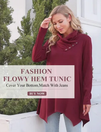 Vista 3 de Camisa Cestyle tipo túnica de manga larga para mujer, holgada, con cuello volteado y dobladillo asimétrico