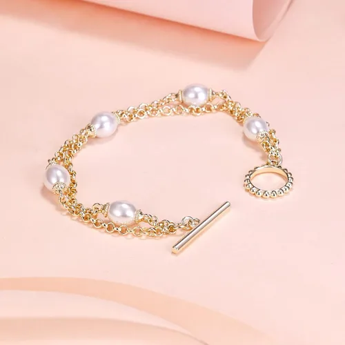 Vista 3 de AiliFe Pulseras de doble capa de perlas de oro para mujer, pulsera chapada en oro amarillo real de 14 quilates, pulsera de perlas delicadas