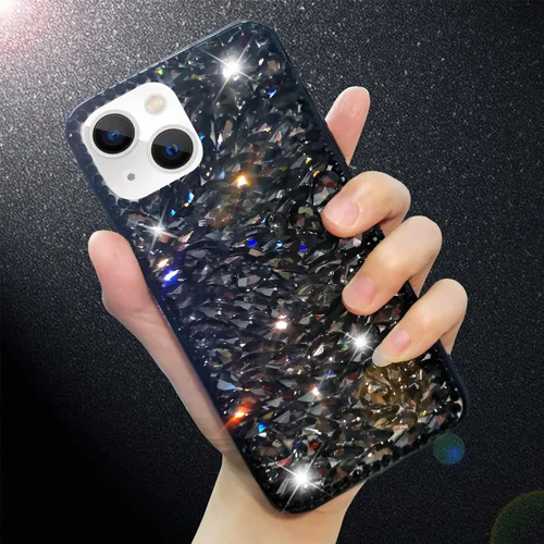 Vista 2 de Funda de lujo con pedrería para iPhone 15, funda de teléfono con purpurina 3D brillante y diamantes, color negro