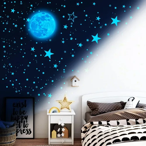 Vista 5 de 1049 piezas de estrellas y luna que brillan en la oscuridad para techo, pegatinas adhesivas decorativas para pared de habitación de niños, regalos