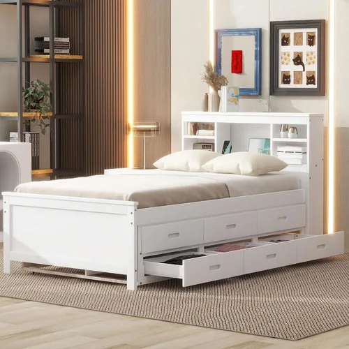 Vista 12 de VilroCaz Cama de plataforma multifunción de tamaño matrimonial con nido y cajones, plataforma de madera con cabecera de almacenamiento y enchufes