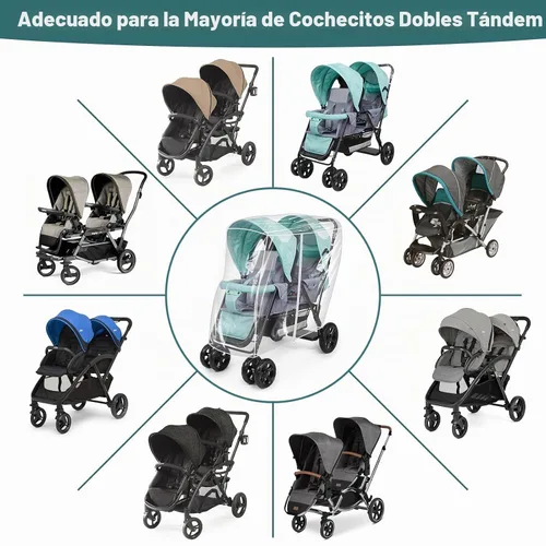 Vista 6 de Funda de lluvia doble para cochecito, protector impermeable para cochecito doble en tándem, funda de cochecito gemelos para lluvia, viento, nieve