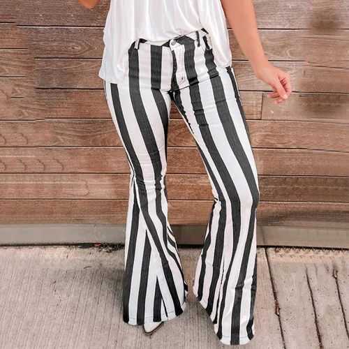 Vista 7 de Womens High Waist Trousers Womens Fashionable Loose Striped Color Contrast Tassel Flare Pants Mid Fashions for Women