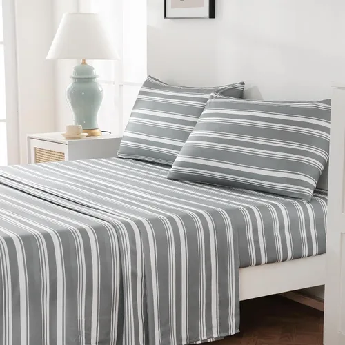 Vista 31 de MCO Juego de sábanas a rayas de 4 piezas, juego de sábanas Full transpirable con bolsillo profundo de 16", moderno y lujoso, juego de ropa de cama