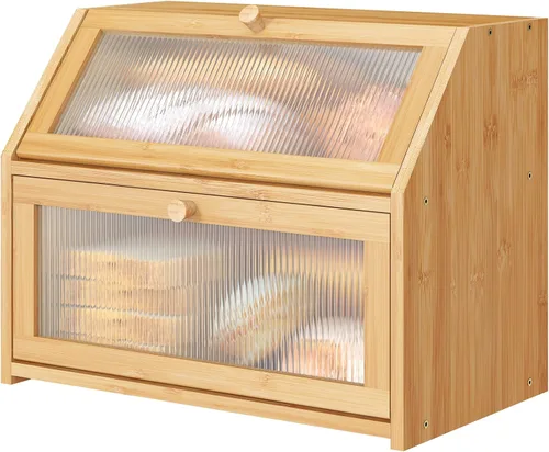 Vista 8 de Caja de pan extra grande negra para mostrador de cocina, caja de pan de bambú de doble capa grande, capacidad de almacenamiento de pan de madera