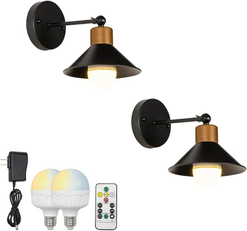 Vista 8 de 2 luces de pared con control remoto sin cable, retro, industrial, negro, lámpara de pared para decoración de pared para escaleras interiores