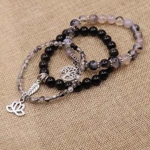 Vista 2 de UEUC - Pulseras Reiki, apilables, de piedras curativas, cristales, con dije del árbol de la vida, yoga y hoja de loto, contra la ansiedad