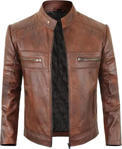 Vista 2 de Lambskin Leather Jacket for Men - Vintage Distressed Brown Biker Coat