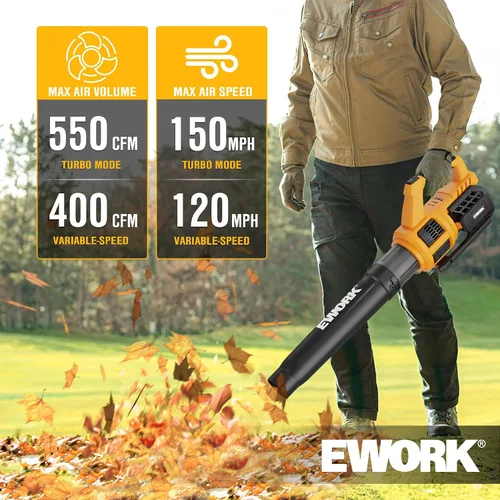 Vista 2 de EWORK Soplador de hojas inalámbrico de 21 V, potente modo turbo y 550 CFM, 2 baterías de 3.0 Ah y cargador rápido, sopladores de hojas eléctricos