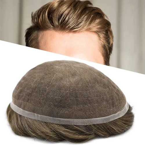 Vista 8 de Sistema de cabello para hombre, encaje francés suave, pieza de cabello humano real, nudos blanqueados, cabello frontal, tupé para hombres