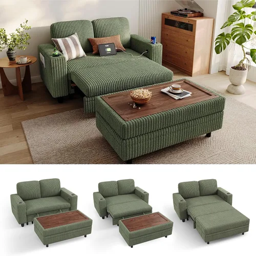 Vista 9 de LINSY HOME Sofá cama seccional con sofá cama extraíble para sala de estar (azul) Plush Corduroy