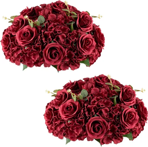 Vista 24 de Bolas de flores burdeos para centros de mesa: 11.8 pulgadas de diámetro, juego de 6