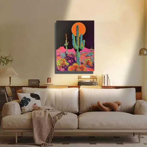 Vista 7 de Arte enmarcado para decoración de cactus, arte de pared de atardecer en el desierto, impresiones botánicas, carteles trippy, ilustraciones