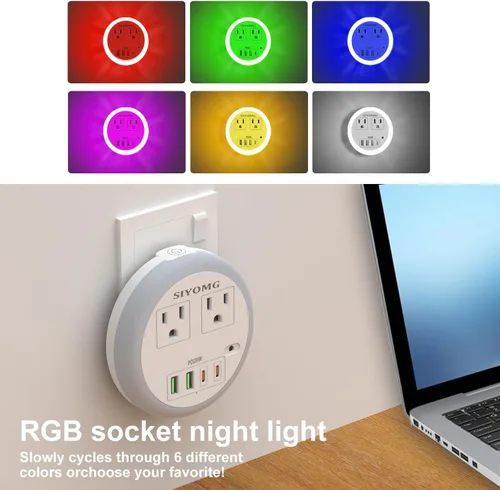 Vista 2 de Luces LED nocturnas enchufables a la pared, luz nocturna enchufable con 4 puertos USB y 2 tomacorrientes, sensor inteligente de atardecer a