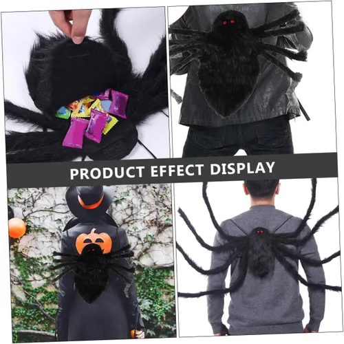 Vista 6 de Mochila de Halloween para niños y niñas, bolsa decorativa de araña, juguete gigante de felpa, color negro, 1 unidad, Negro -, Centímetro
