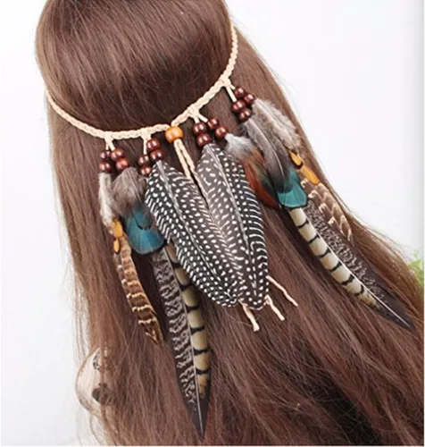 Vista 3 de Neal LINK Tocado de plumas indias para mujer con cuerda de cáñamo bohemia borlas festivales