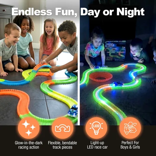 Vista 3 de Ontel Pista de Carreras Mágica de 10 Pies que Brilla en la Oscuridad, Flexible y Doblegable con Coche de Carrera LED, Juego Educativo de Regalo