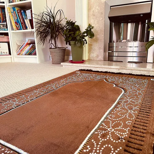Vista 2 de Mihrab - Tapete de oración de terciopelo de lujo con estampado, 26.46 oz, peso Fabricado en Turquía (café)